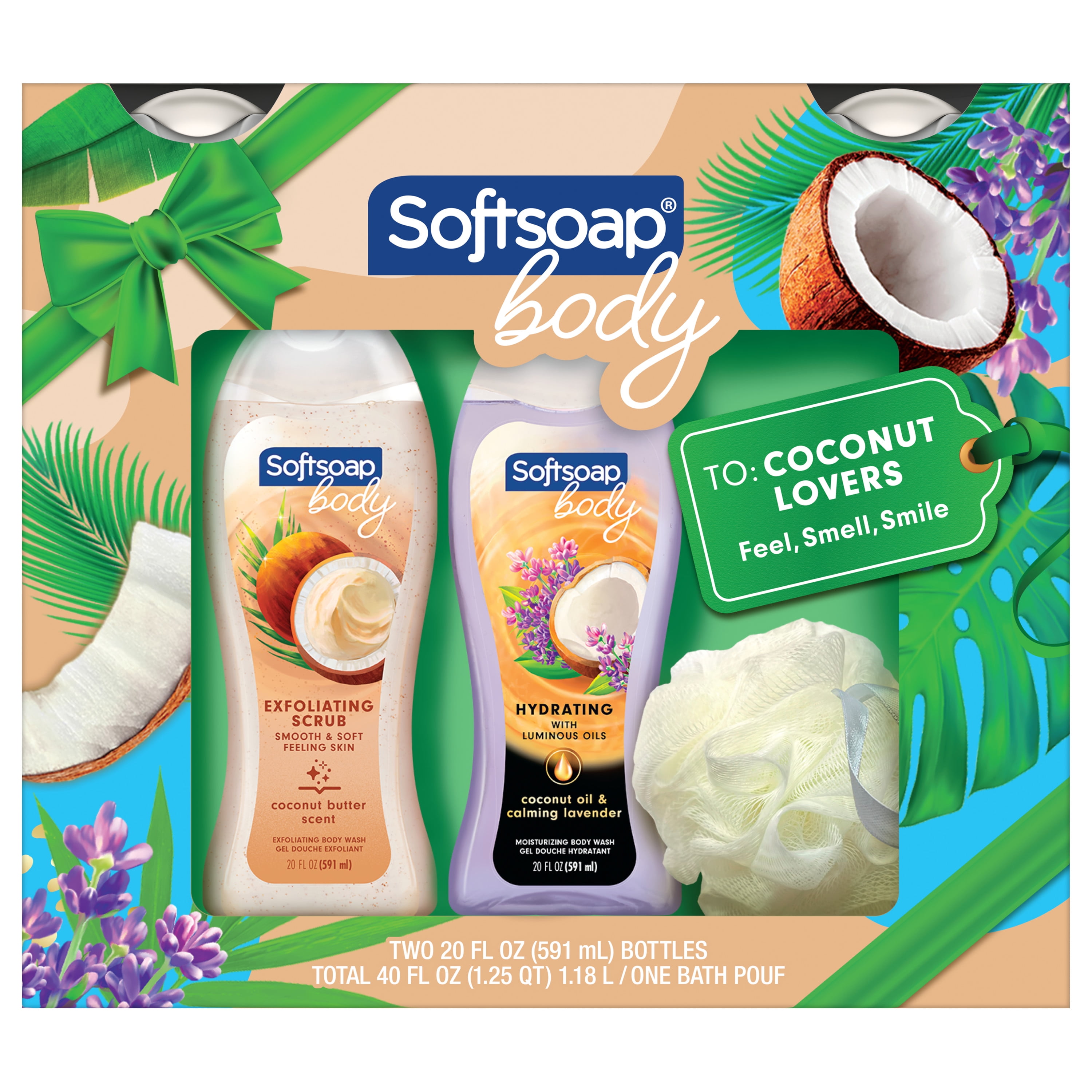 Softsoap Body Wash Coconut Lovers Gift Set, 2 20 oz Bottles + Pouf