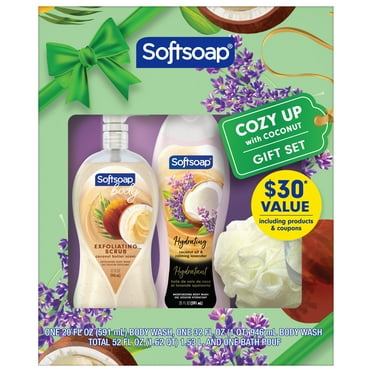 Softsoap Body Wash Gift Set, 32 oz Coconut Butter Scrub, 20 oz Coconut Oil & Calming Lavender + Pouf