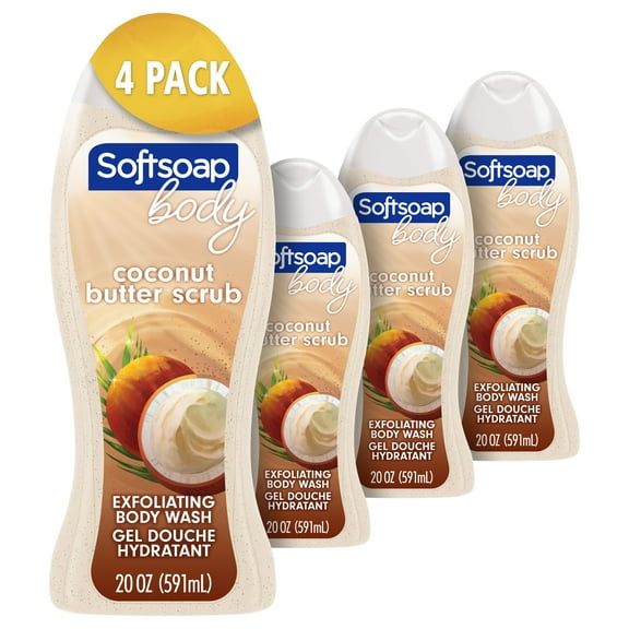 Softsoap Exfoliating Body Wash, All Skin Types, Coconut Butter, 20 fl oz Bottle, 4 Pack