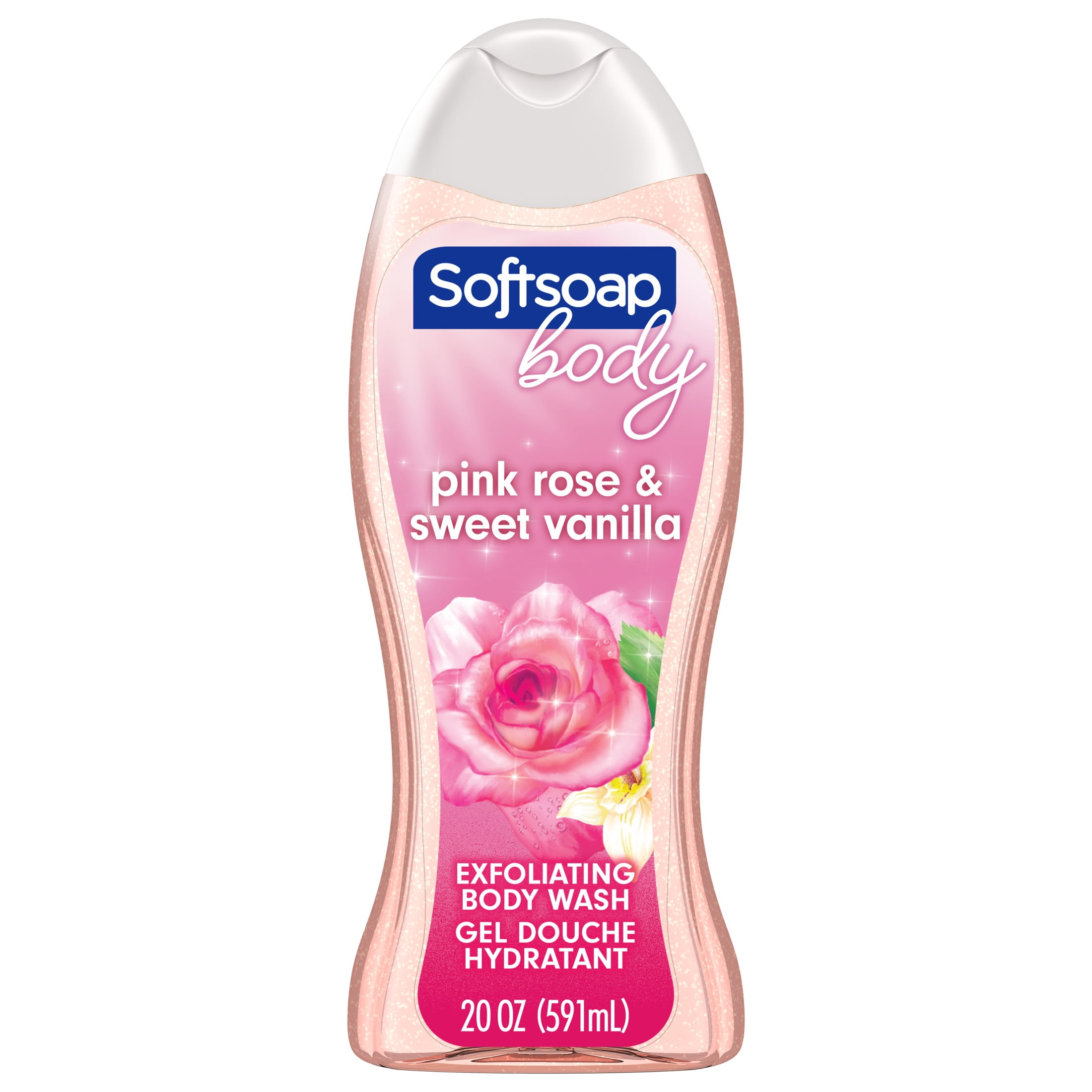 Softsoap Exfoliating Body Wash, All Skin Types, Lustrous Glow Pink Rose & Vanilla, 20 fl oz Bottle
