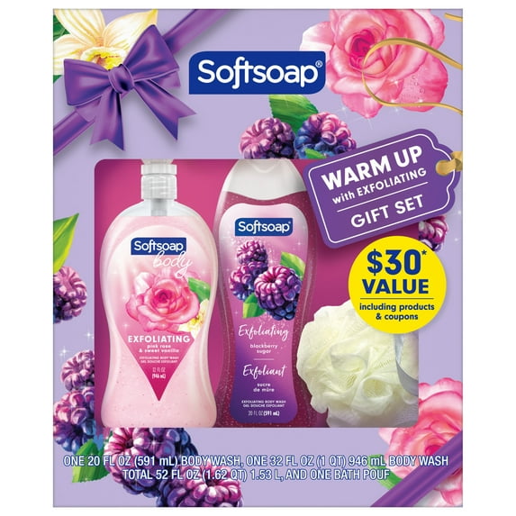 Softsoap Exfoliating Body Wash Gift Set, 32 fl oz Pink Rose & Sweet Vanilla Pump and 20 fl oz Blackberry Sugar + Pouf