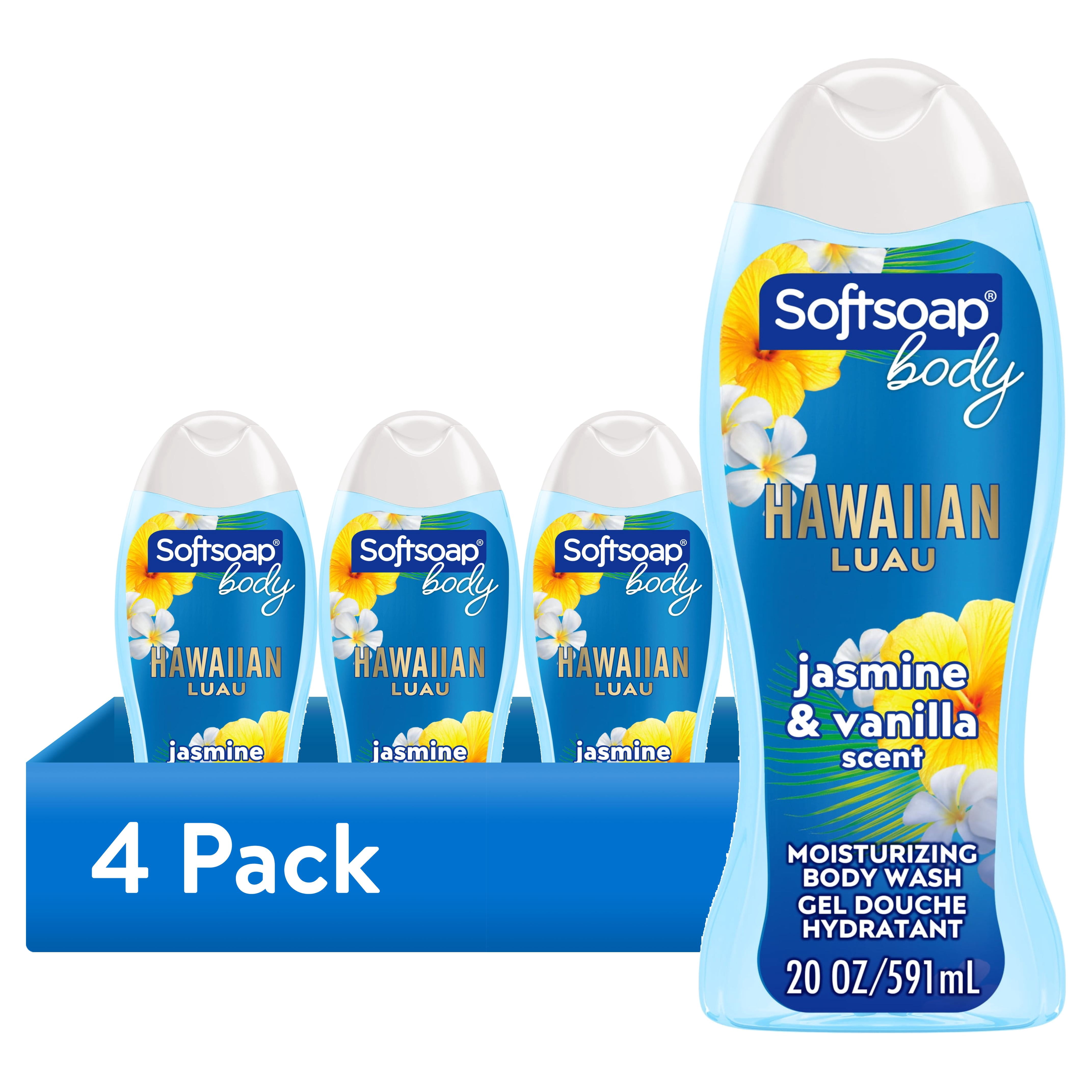 (4 pack) Softsoap Hawaiian Luau Moisturizing Body Wash, pH Balanced, Jasmine and Vanilla Scent, 20 fl oz