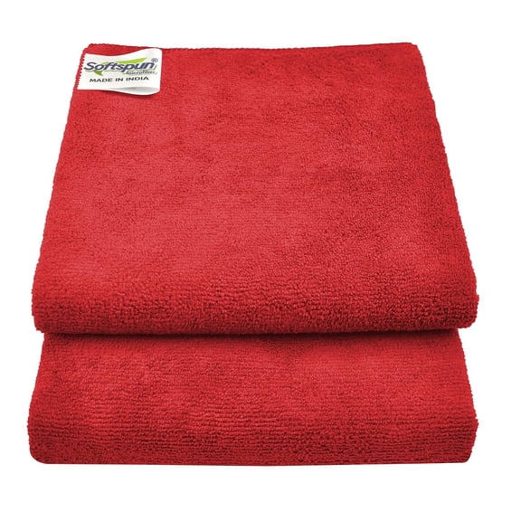 Softspun Microfiber Cleaning Cloths Towel Set 300 Gsm | Highly Absorbent Lint And Streak Free Multi-Purpose Wash Cloth For Kitchen, Car, Stainless (2 Pcs)- Red