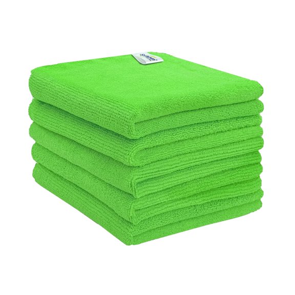 Softspun Microfiber Cleaning Cloths Towel Set 340 Gsm | Highly Absorbent Lint & Streak Free Multi-Purpose Wash Cloth For Kitchen Car Window Stainless Steel Silverware Pack Of 5 (Green)