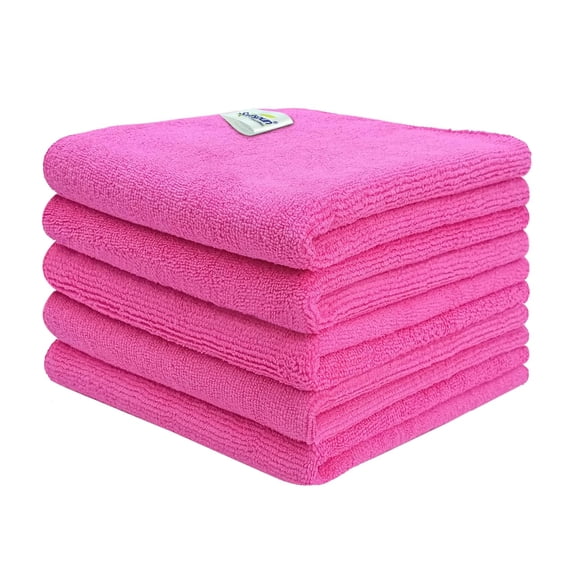 Softspun Microfiber Cleaning Cloths Towel Set 340 Gsm | Highly Absorbent Lint & Streak Free Multi-Purpose Wash Cloth For Kitchen Car Window Stainless Steel Silverware Pack Of 5 (Pink)