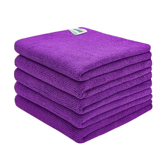 Softspun Microfiber Cleaning Cloths Towel Set 340 Gsm | Highly Absorbent Lint & Streak Free Multi-Purpose Wash Cloth For Kitchen Car Window Stainless Steel Silverware Pack Of 5 (Purple)