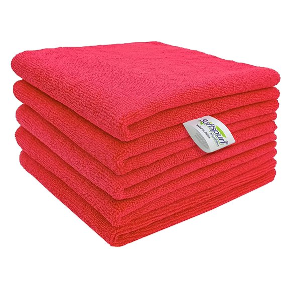 Softspun Microfiber Cleaning Cloths Towel Set 340 Gsm | Highly Absorbent Lint & Streak Free Multi-Purpose Wash Cloth For Kitchen Car Window Stainless Steel Silverware Pack Of 5 (Red)