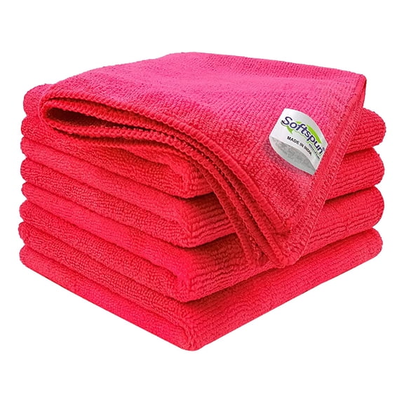 Softspun Microfiber Cleaning Cloths Towel Set 450 Gsm | Highly Absorbent Lint & Streak Free Multi-Purpose Wash Cloth For Kitchen Car Window Stainless Steel Silverware Pack Of 5 (Red)