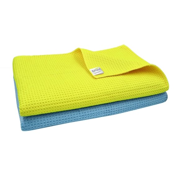 Softspun Microfiber Waffle Weave Cloths Towel 300 Gsm | Multipurpose Highly Absorbent Lintstreak Free Wash Cloth (1 Piece) -Sky Blue & Yellow