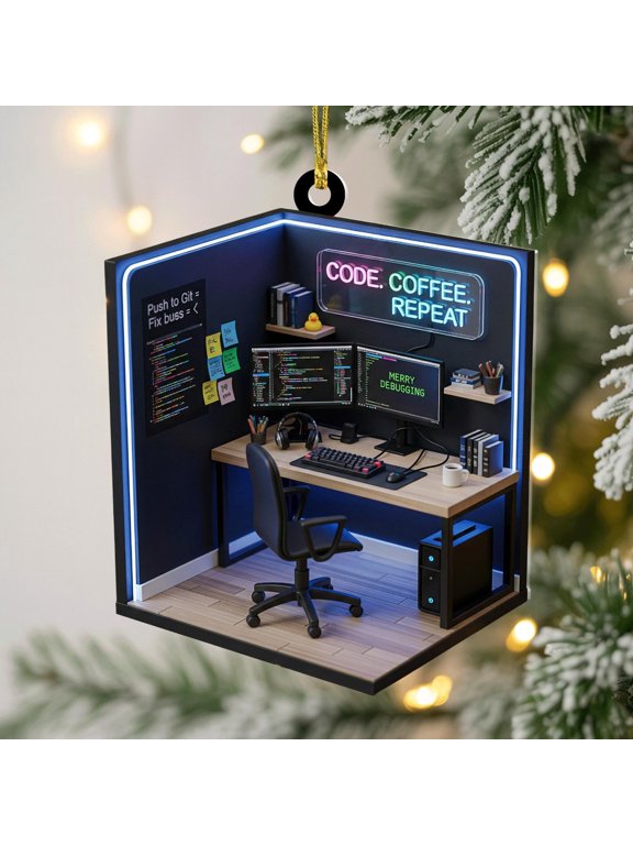 Software Developer Ornament , Mini Coding Desk Scene Tree Gift for Programmer, Coder, Engineer, Debugger, Computer Science or Tech Lover