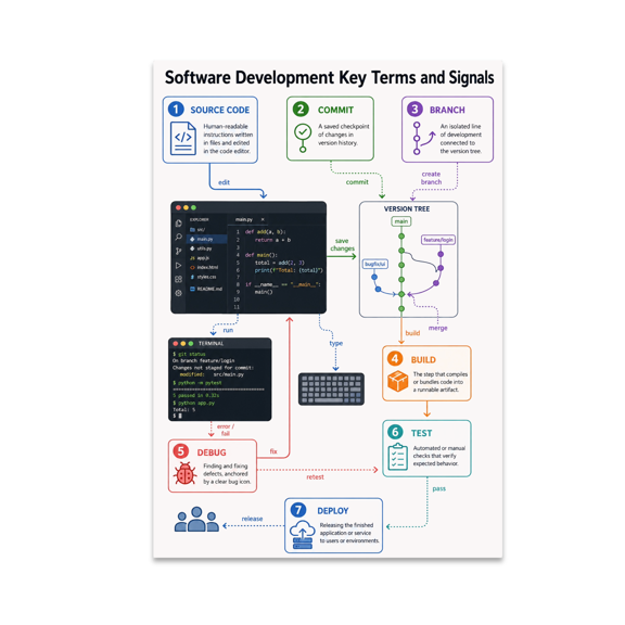 Software Development Key Terms and Signals Poster, Software Developers, Engineering Teams, and Coding Learning Spaces, 13x19 Glossy Paper