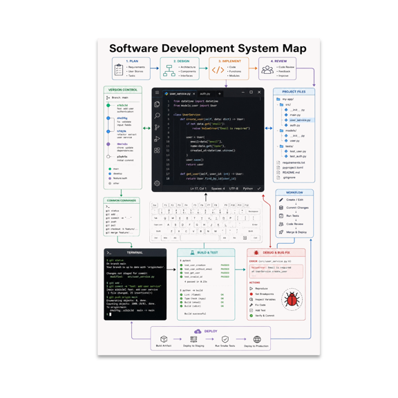 Software Development System Map Poster, Software Developers, Coding Learning Spaces, and Engineering Teams, 13x19 Glossy Paper