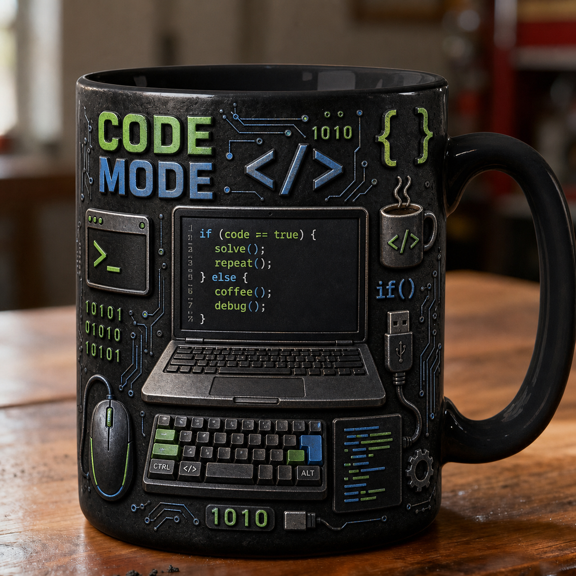 Software Engineer Mug 3D Effect, Code Mode Coffee Mug with Laptop & Binary Design