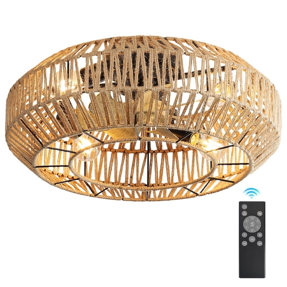 Sofucor 20" Boho Ceiling Fan with Light, Rattan Woven Rope Shade, 7 Natural Wood ABS Blades, Quiet DC Motor, 6-Speed Remote Control, Reversible, E26 Bulbs Included for Bedroom Living Room