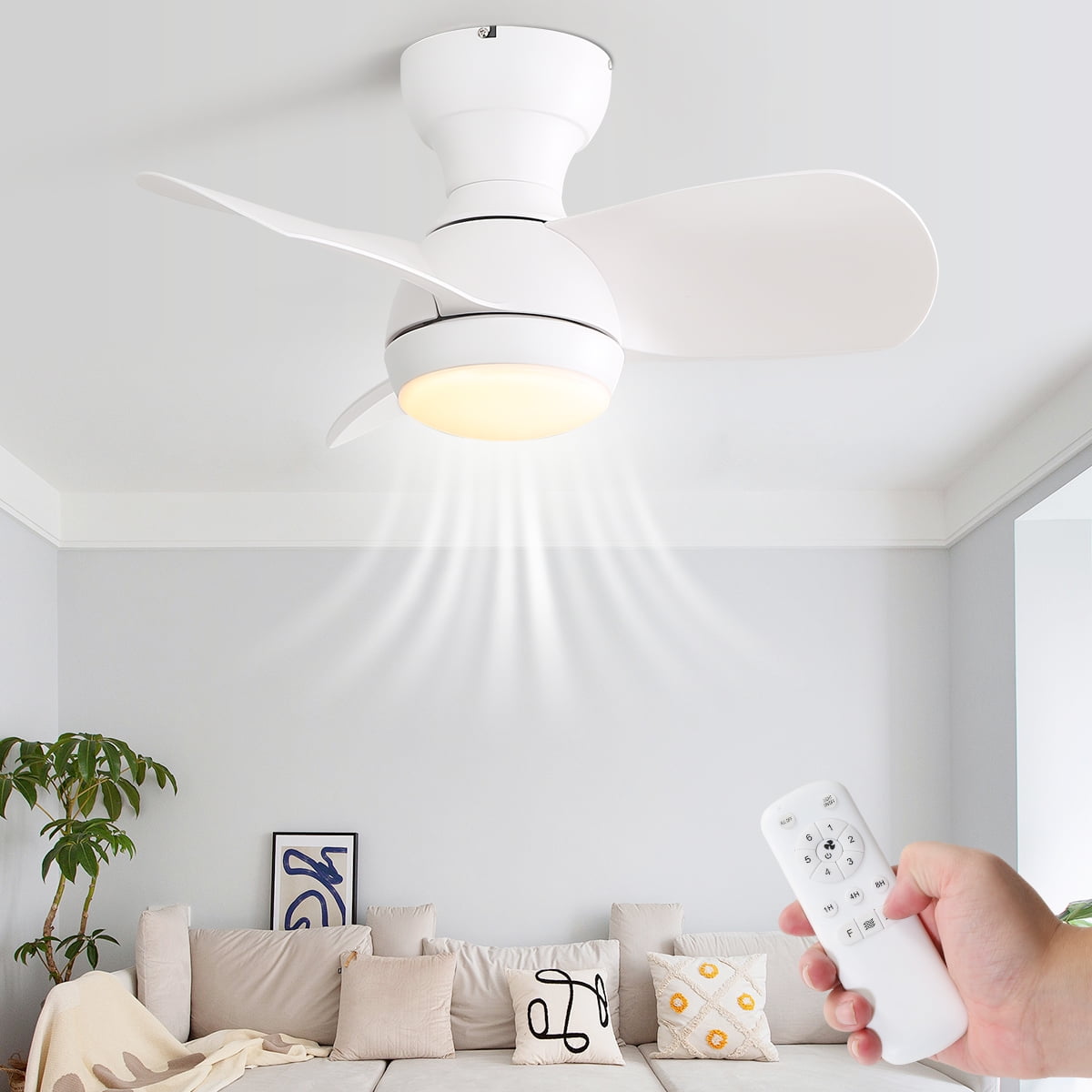 Sofucor 23" Small White Ceiling Fan With Light Flust Mount 3 Blades
