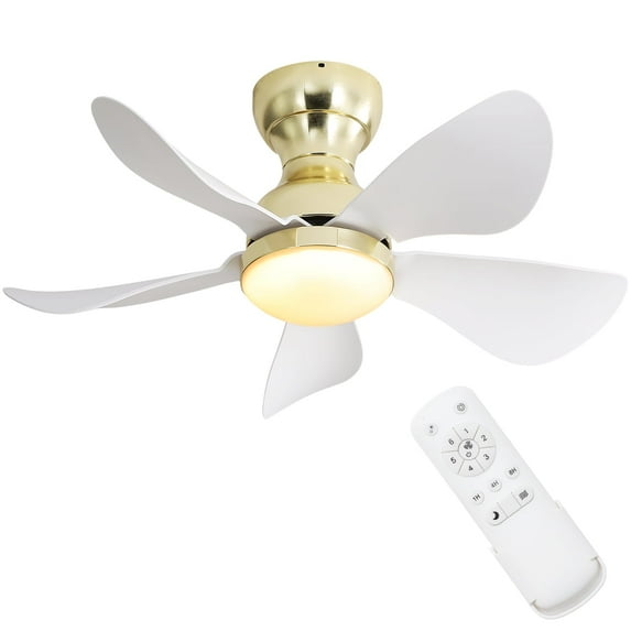 Sofucor 29 inch Small LED Ceiling Fan Flush Mount 5 Blades,6 Speeds,Reverse Airflow for Kitchen,Bedroom, Gold with White Blades