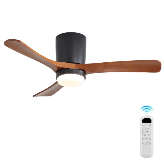 Sofucor 42 Inch Low Profile Ceiling Fan with LED Light, Matte Black Hugger Ceiling Fan, 3 Solid Walnut Wood Blades, Quiet DC Motor