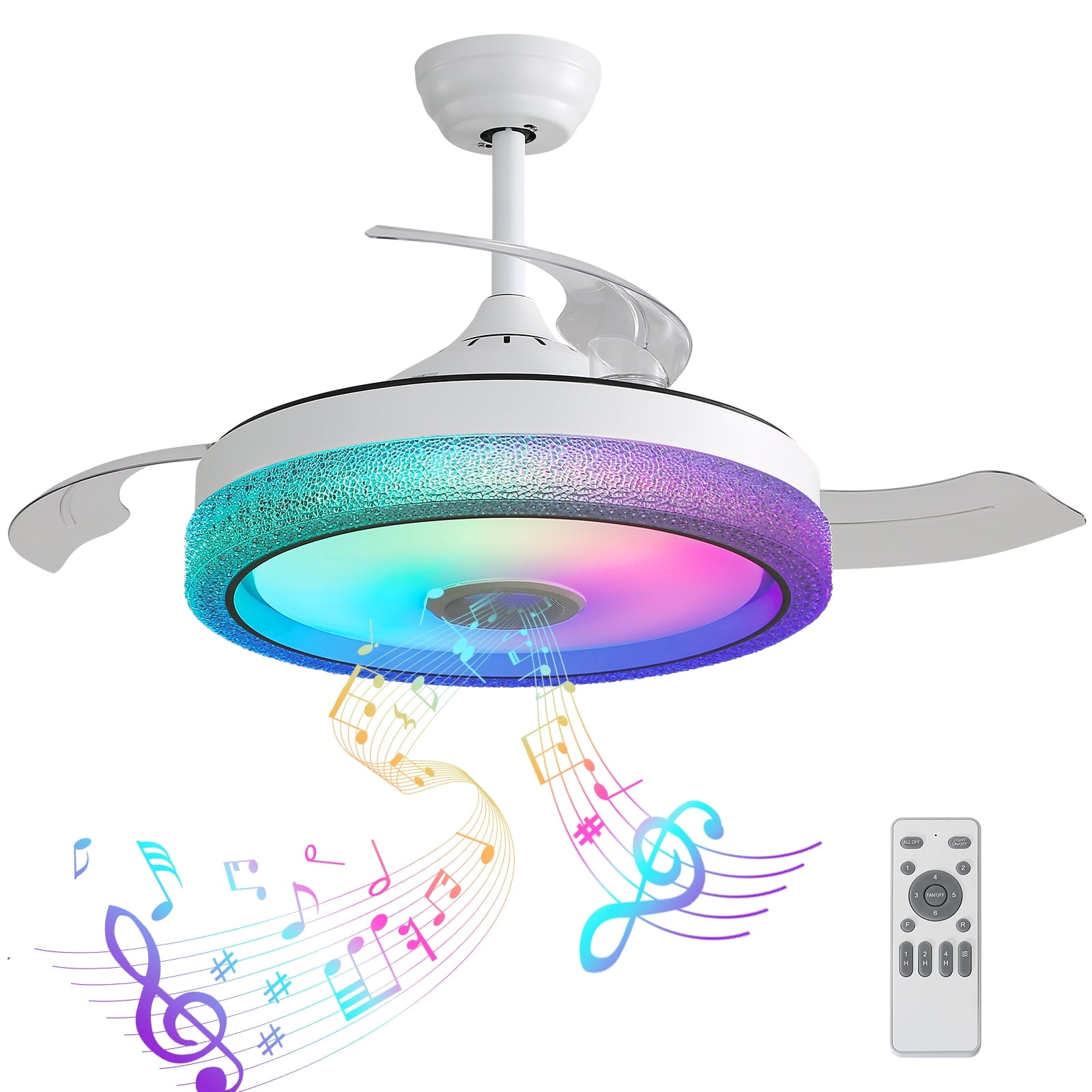 "Sofucor 42"" Retractable Ceiling Fan with Dimmable Lights, Bluetooth Speaker, Remote Control for Bedroom, Kitchen"