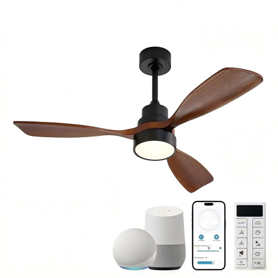 Sofucor 48 Inch Smart Ceiling Fan with Lights and Remote/APP Control, Compatible with Alexa/Google, 3 Blade Brown Black Solid Wood Low Profile Ceiling Fan for Indoor Outdoor Bedroom Farmhouse Patio