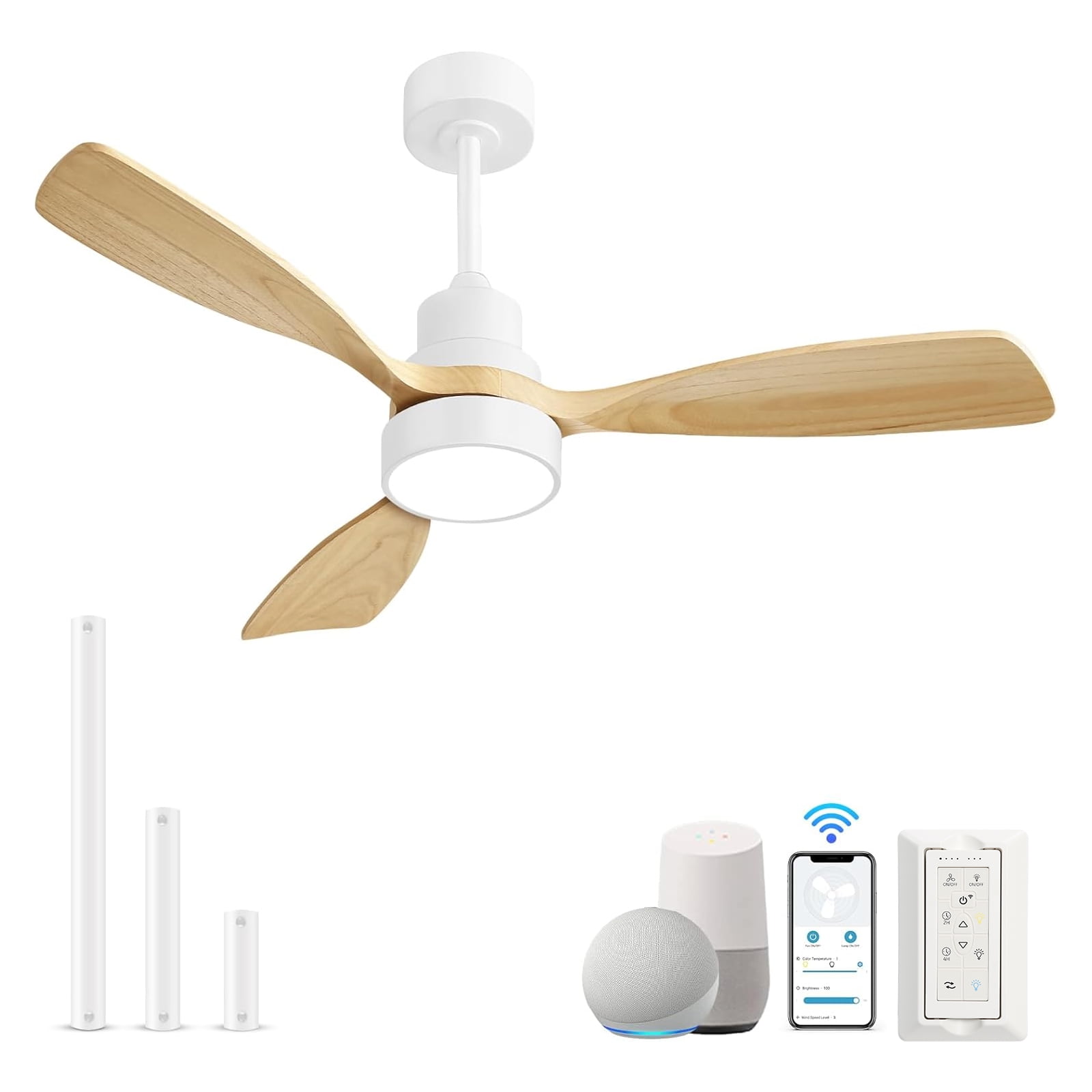 Sofucor 48 Inch Smart Ceiling Fan with Lights and Remote/APP Control, Compatible with Alexa/Google, 3 Blade White Solid Wood