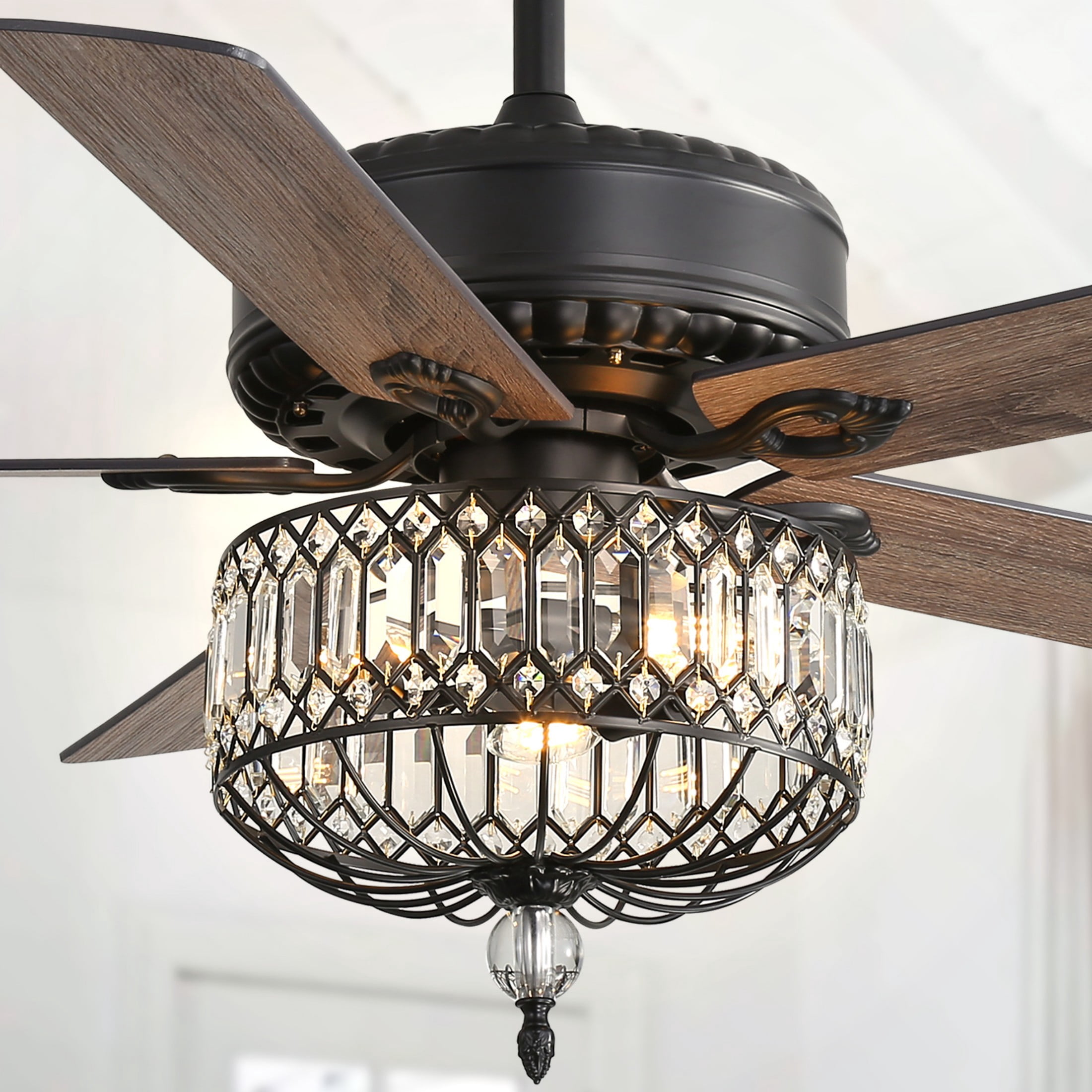 Sofucor 52-Light Chandelier Crystal Fan Light Indoor Ceiling Fan with Silent Reversible Motor