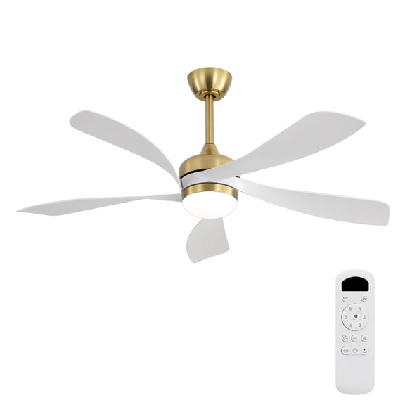 Sofucor 52" Modern Gold Ceiling Fan with Light, 5 White Blades, Quiet DC Motor, 6-Speed Remote Control, Reversible, Dimmable LED, Flush Mount for Bedroom Living Room