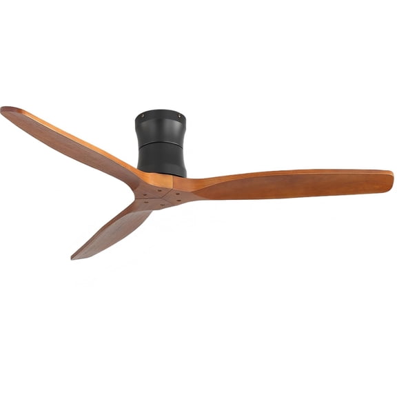 Sofucor 52 Inch Flush Mount Ceiling Fan Without Light, Matte Black DC Motor, 3 Walnut Wood Blades, Reversible 6-Speed Fan with 15-Key Remote Control, Low Profile Ceiling Fan