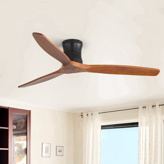 Sofucor 52 Inch Flush Mount Ceiling Fan Without Light, Matte Black DC Motor, 3 Walnut Wood Blades, Reversible 6-Speed Fan with 15-Key Remote Control, Low Profile Ceiling Fan
