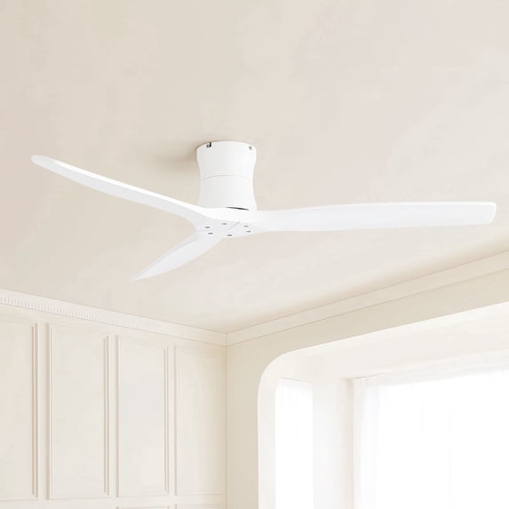 Sofucor 52 Inch Matte White Flush Mount Ceiling Fan, 3 Solid Wood Blades, No Light, DC Motor with Remote
