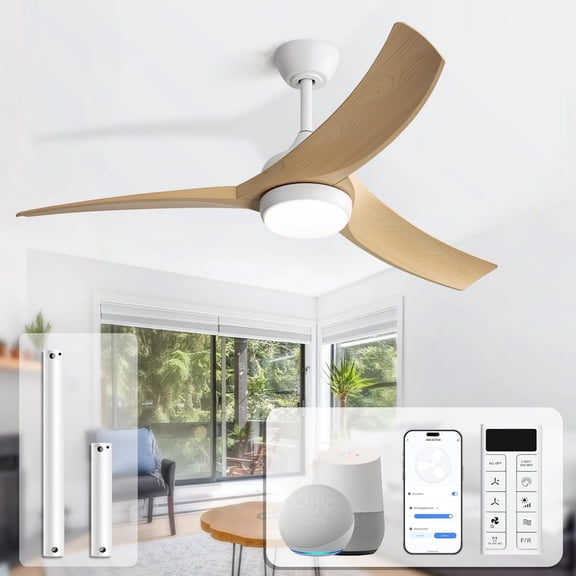Sofucor 52 Inch Smart Ceiling Fan with Lights Remote Control, Works with Alexa/App/Google, Airflow 6000CFM ABS 3 Blades Reversible DC Motor for Living Room Bedroom Patio