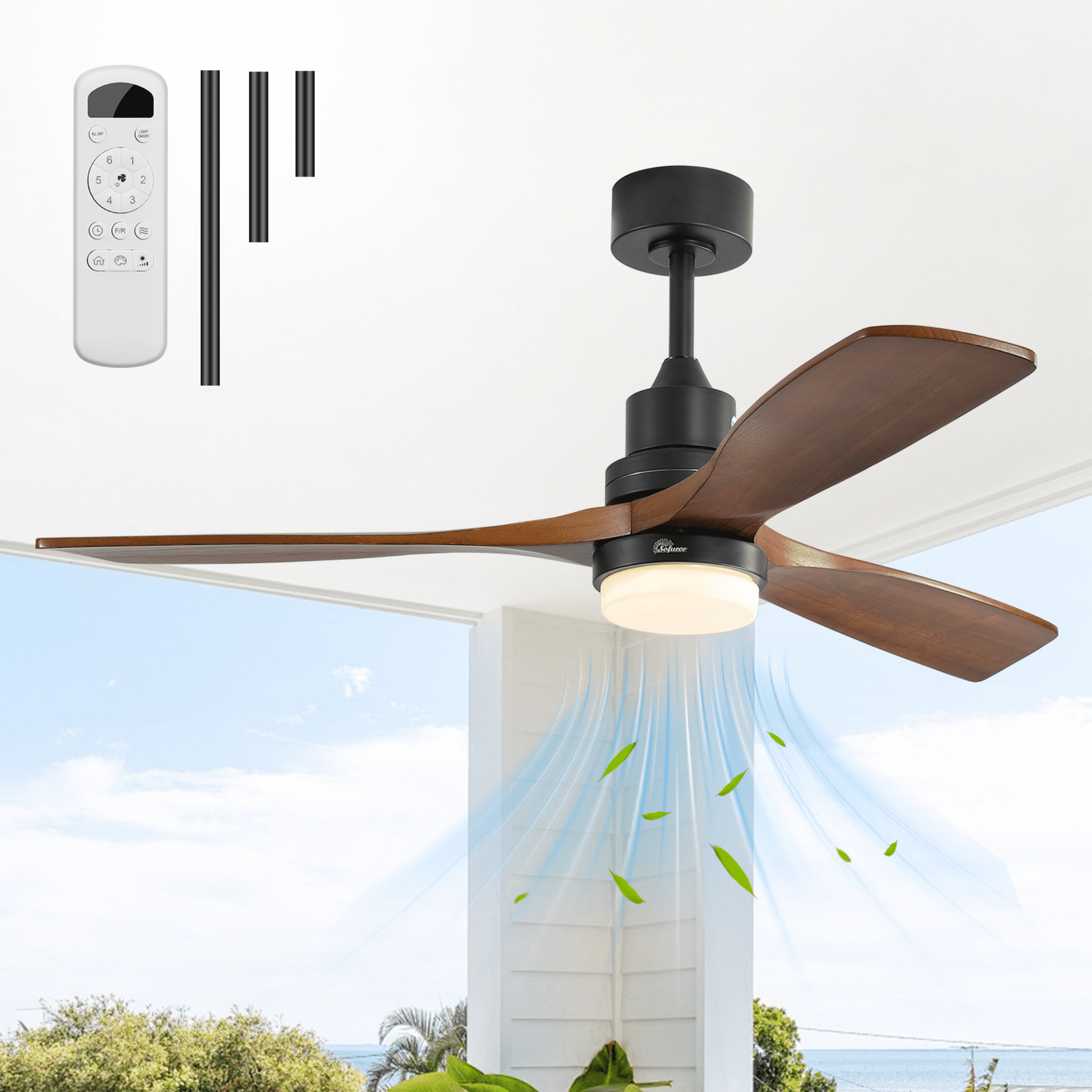 Sofucor 52 Inch Brown Black Modern Outdoor Indoor Farmhouse 3-Blade Ceiling Fan with Lights and Remote