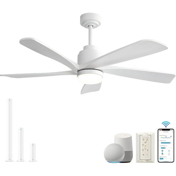 Sofucor 52-Inch White Wood Blade Ceiling Fan with LED Light and Remote Control - Modern, Farmhouse, Contemporary