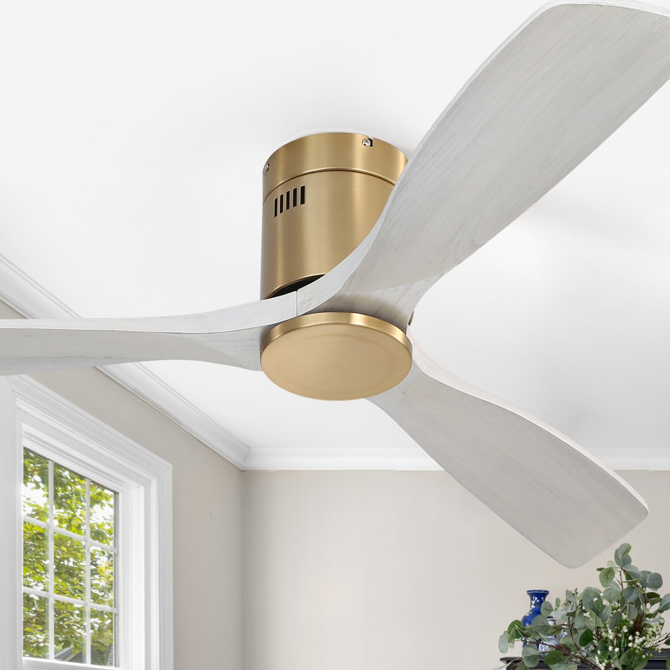 Sofucor 52 Inch Grey Gold Modern Flush Mount Indoor Outdoor Ceiling Fan with Remote Control