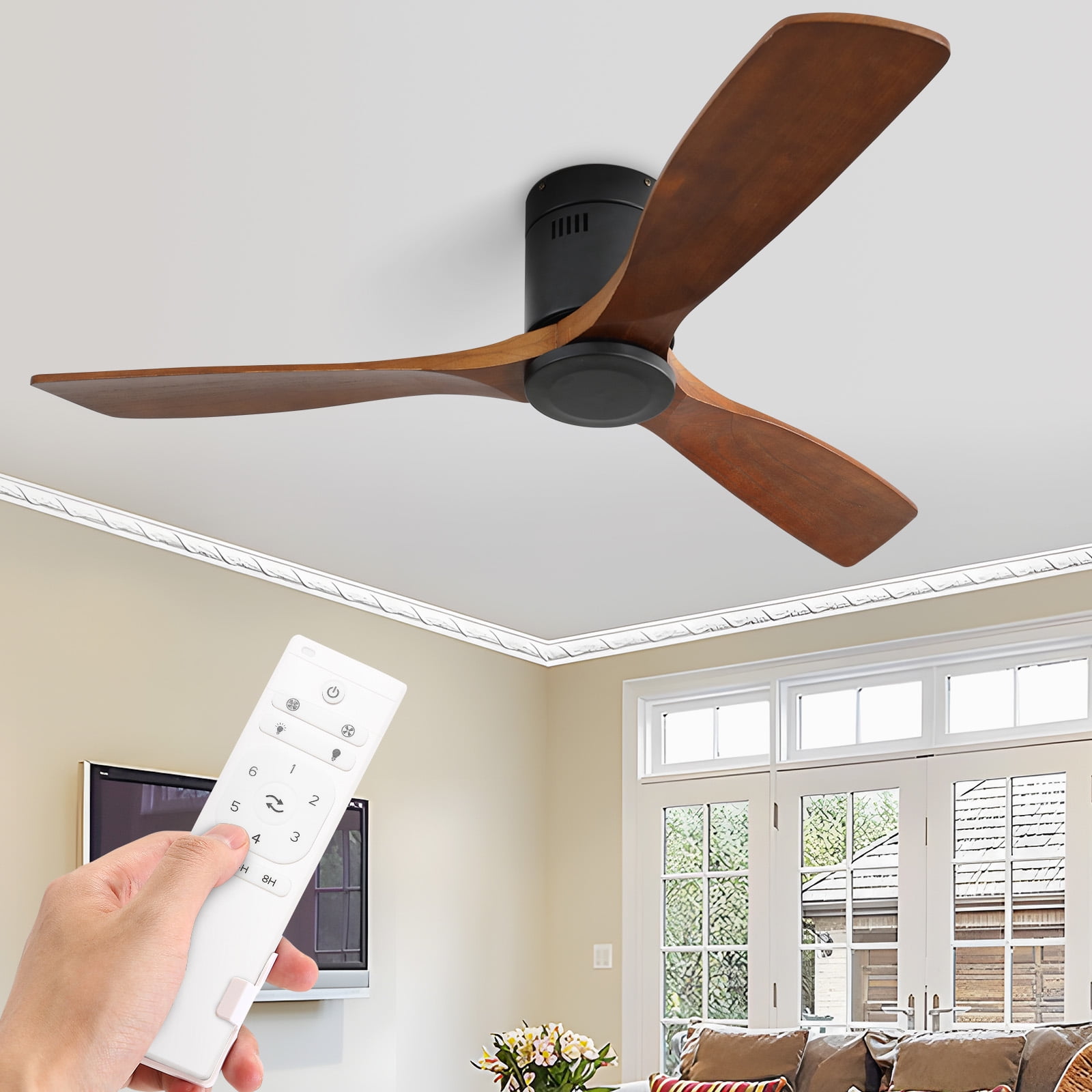 Sofucor 52 Low Profile Flush Mount Cool Ceiling Fan Reverse Airflow 6 Wind Sd Black With 3 Brown Blades Com