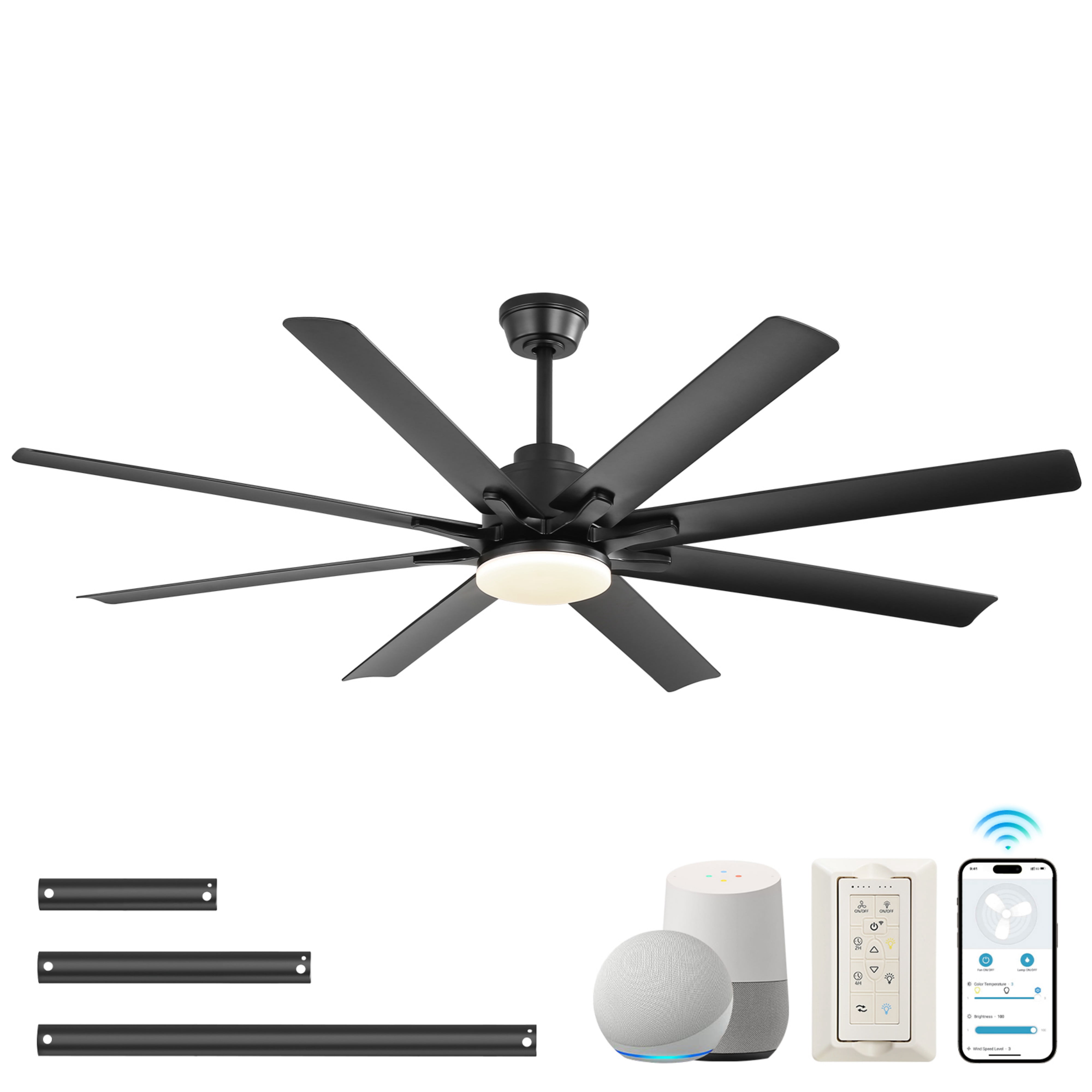Sofucor 52" Modern Black Ceiling Fan with Light ,Phone APP and Remote,Voice Control