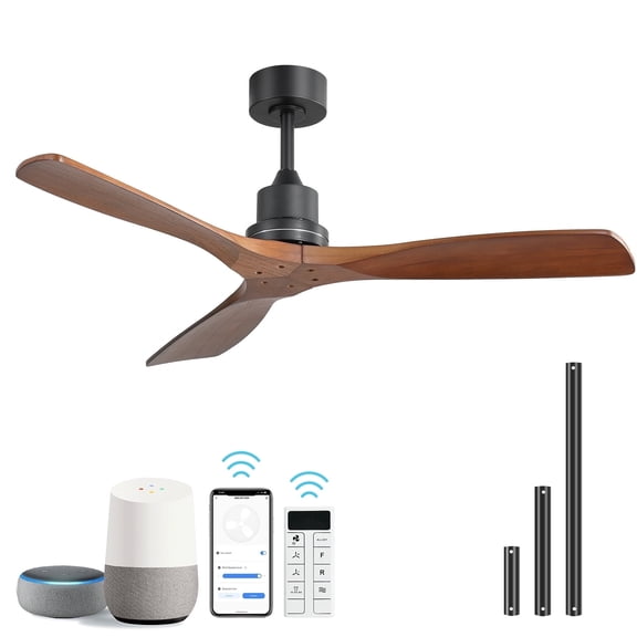 Sofucor 52" Smart Ceiling Fan No Light, 3 Solid Wood Blades, Quiet DC Motor, 6-Speed Remote/APP/Alexa/Google Voice Control, Reversible, 3 Downrods for Bedroom Living Room Farmhouse