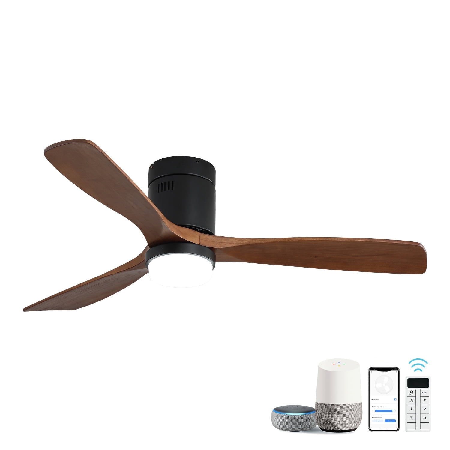 Sofucor 52 Inch Smart Ceiling Fans with Lights-Flush Mount Low Profile Modern Outdoor Solid Wood Ceiling Fans with Alexa/Google Assistant/APP/Remote Control, Brown Black