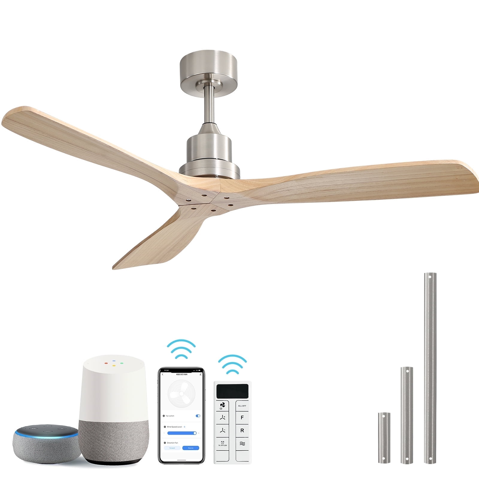 Sofucor Smart Ceiling Fan 52 In Indoor Outdoor With Light Remote - 3 Blades, Silver