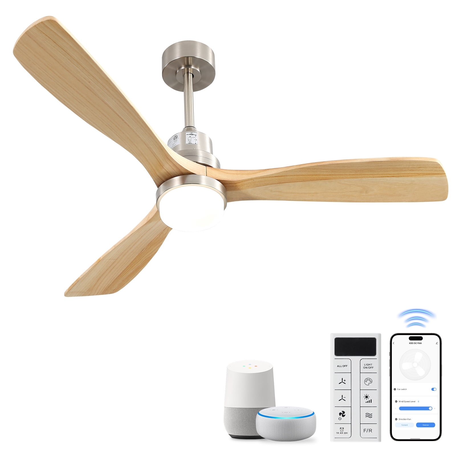 Sofucor Smart Ceiling Fan 52 In Indoor Outdoor With Light Remote - Reversible DC Motor Silver