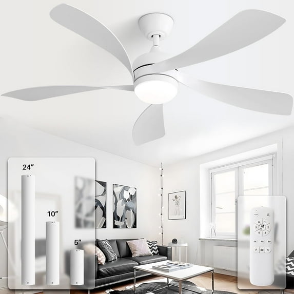 "Sofucor 52"" White Flush Mount Ceiling Fan with Lights, Quiet Reversible DC Motor, 3-Color LED, 5 Blades"