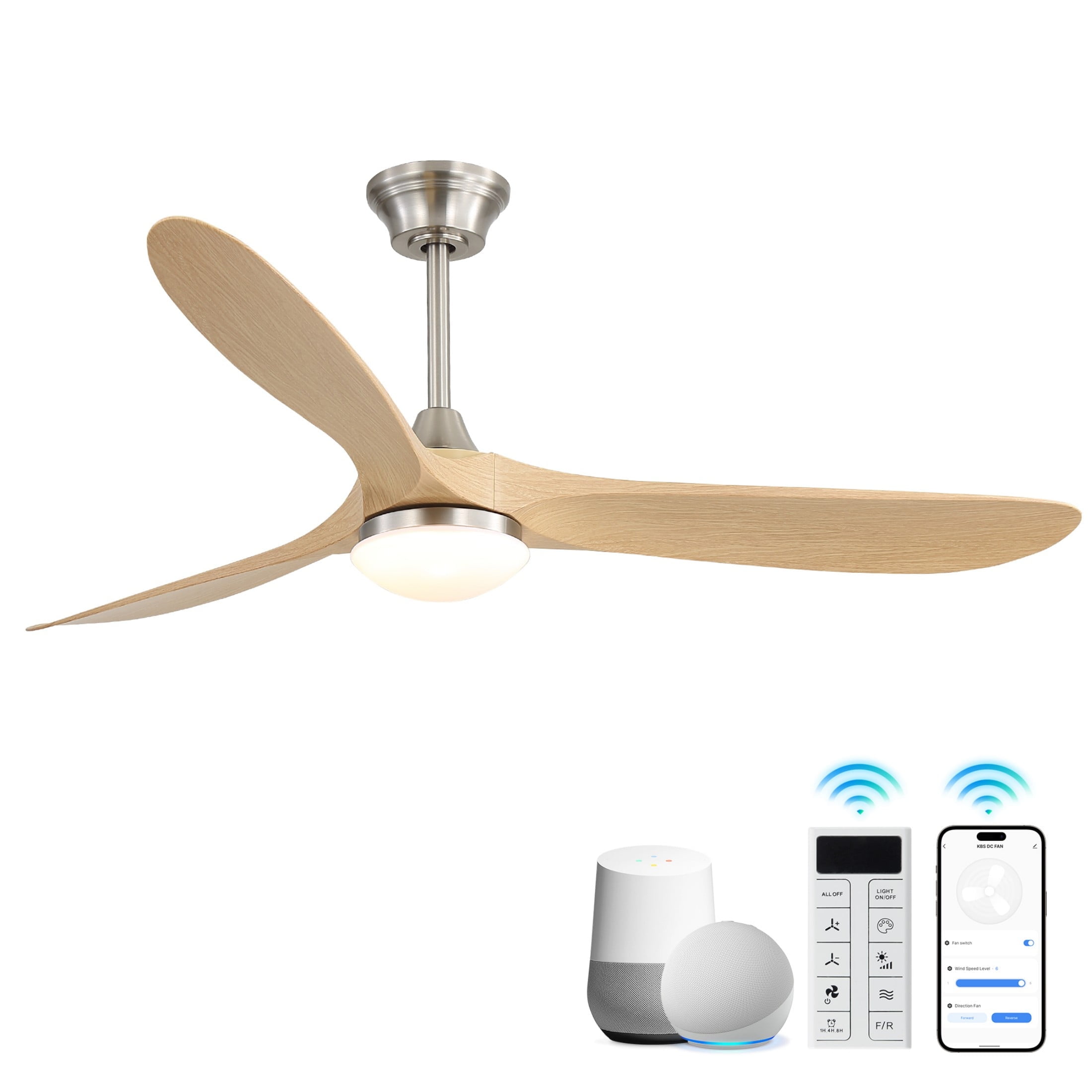 Sofucor 60 Inch Ceiling Fans with Light Compatible with Alexa/Google/App 3 Blades Reversible DC Motor Timer for Kitchen Bedroom Living Room Dining Room Farmhouse (burlywood)