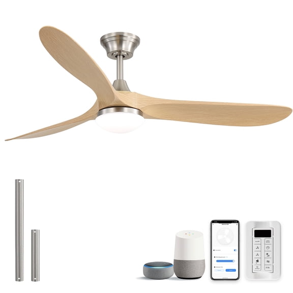 Sofucor 60 Inch Wood Texture DC Ceiling Fan with LED Light, 3 ABS Blades Quiet Reversible DC Motor, Wall & Remote Control, Smart App Compatible with Alexa