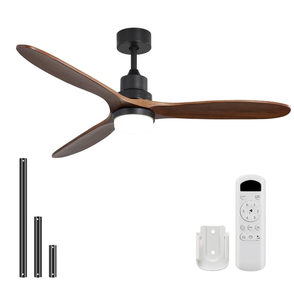Sofucor 60 in modern ceiling fan with brown wood blades, matte black body, LED light, and remote