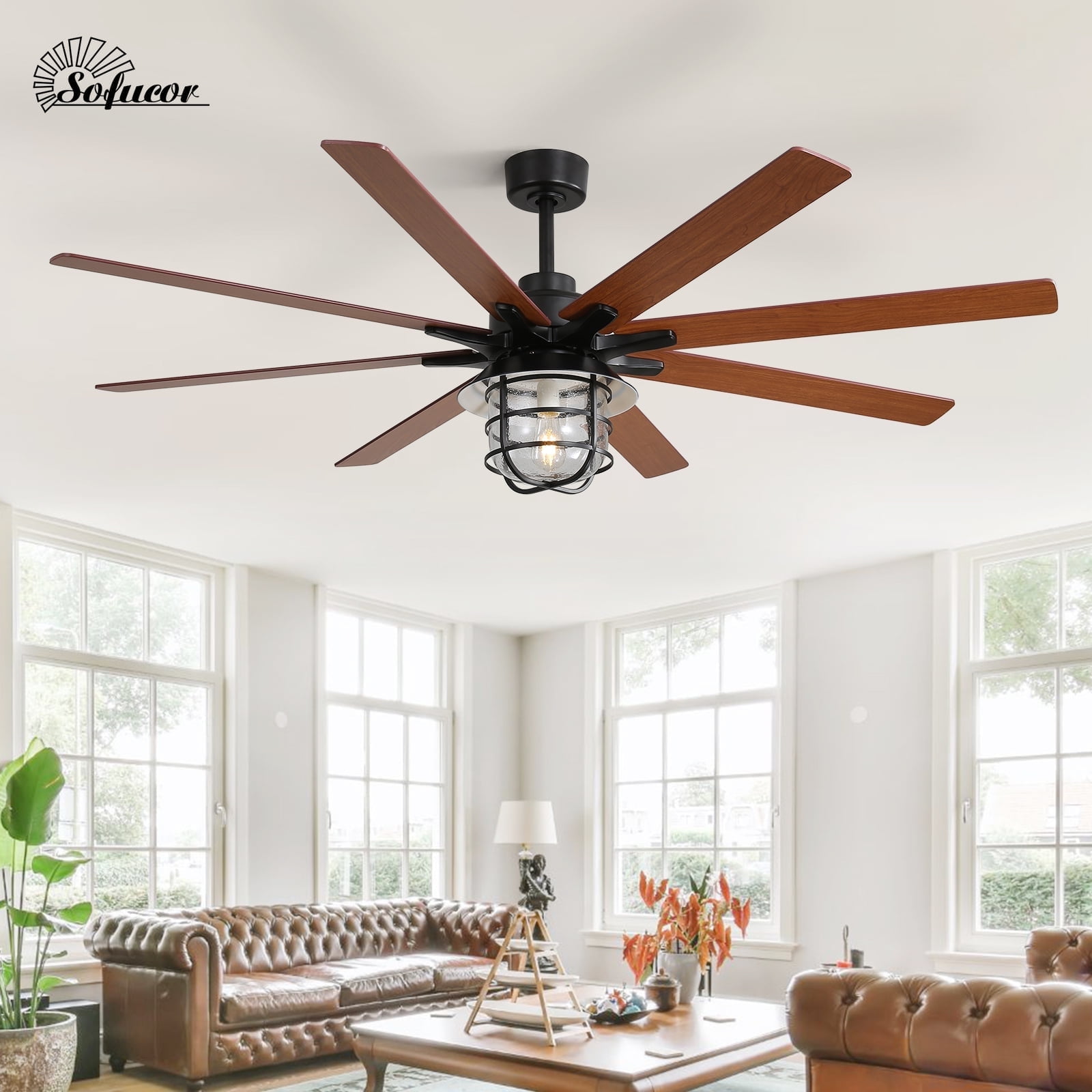 Sofucor 66 Inch Farmhouse Ceiling Fan with Light and Remote Control