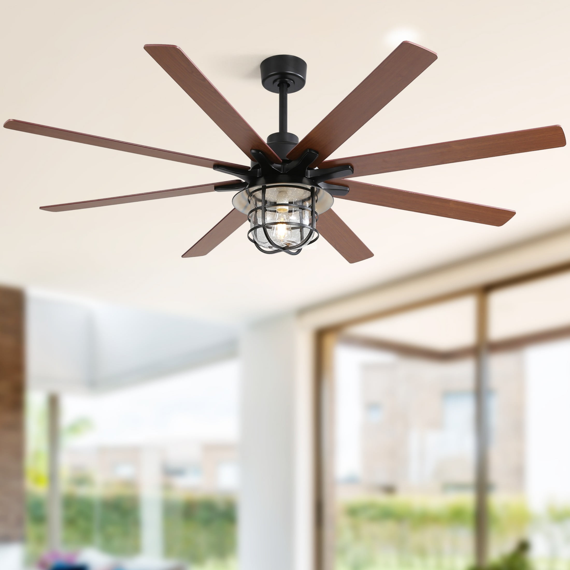 Sofucor 60 Inch Farmhouse Ceiling Fan with Light and Remote Control, 8 Blade Modern Low Profile Fan with 3 Downrod for Outdoor Indoor Patio Bedroom Living Room, Max Airflow 7000CFM, Bulb Replaceable