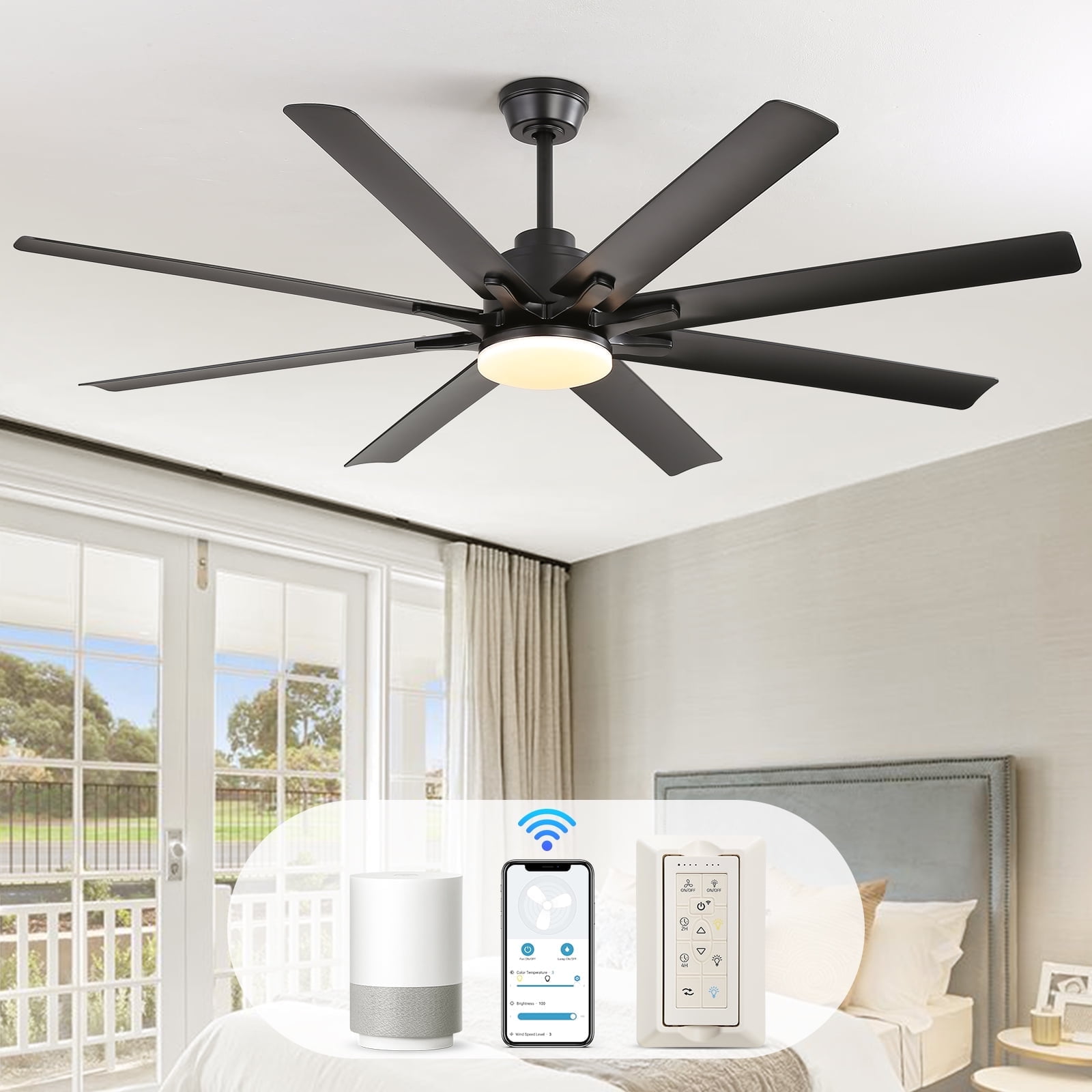 Sofucor 66" Modern Black Ceiling Fan with LED Light, Phone App, Remote, and Voice Control