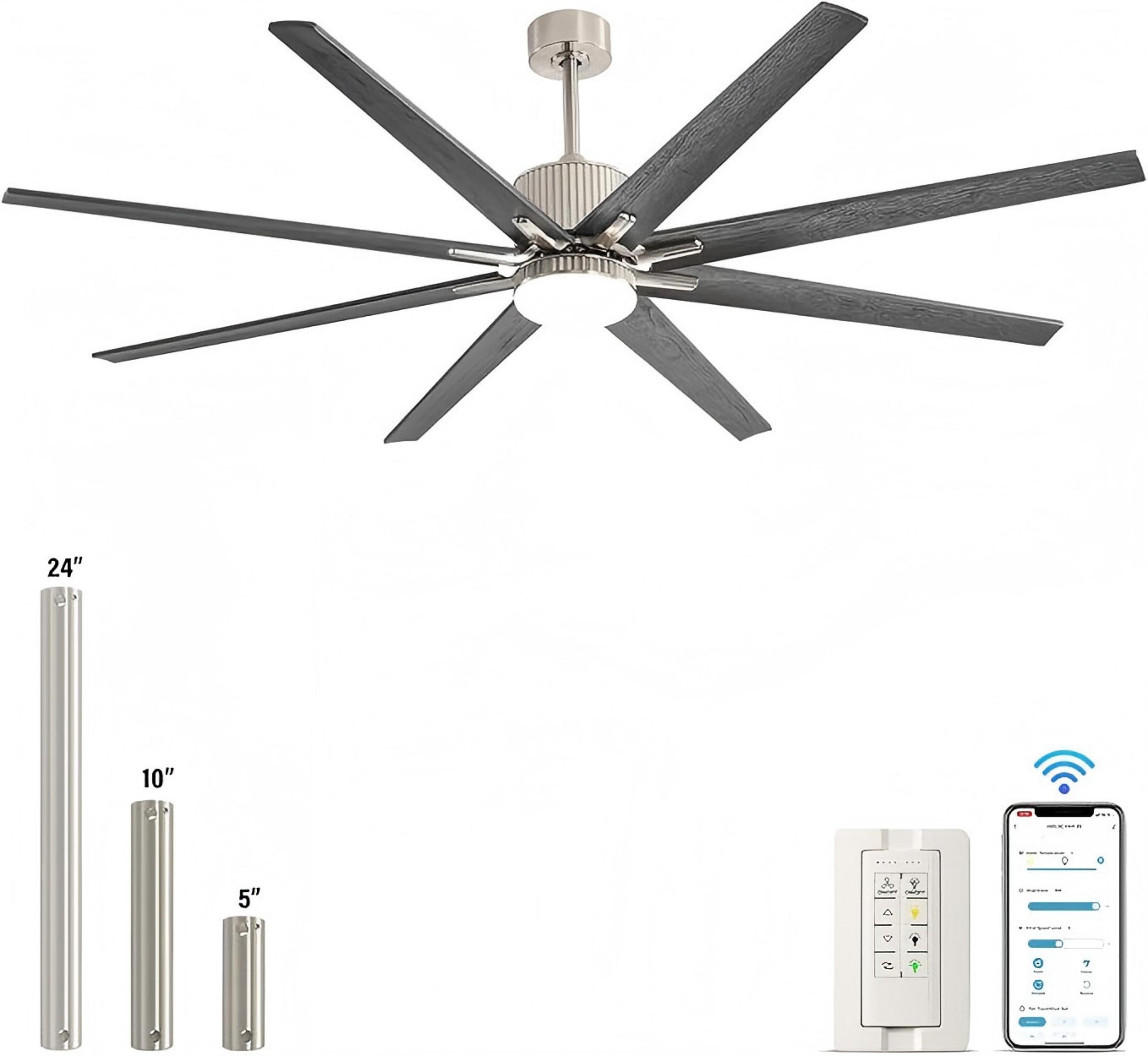 Sofucor 76 Inch Large Industrial Ceiling Fan with Light, Smart Fan with Remote & APP Control, Compatible with Alexa Google, Solid Wood 8 Blade, 3 Downrod