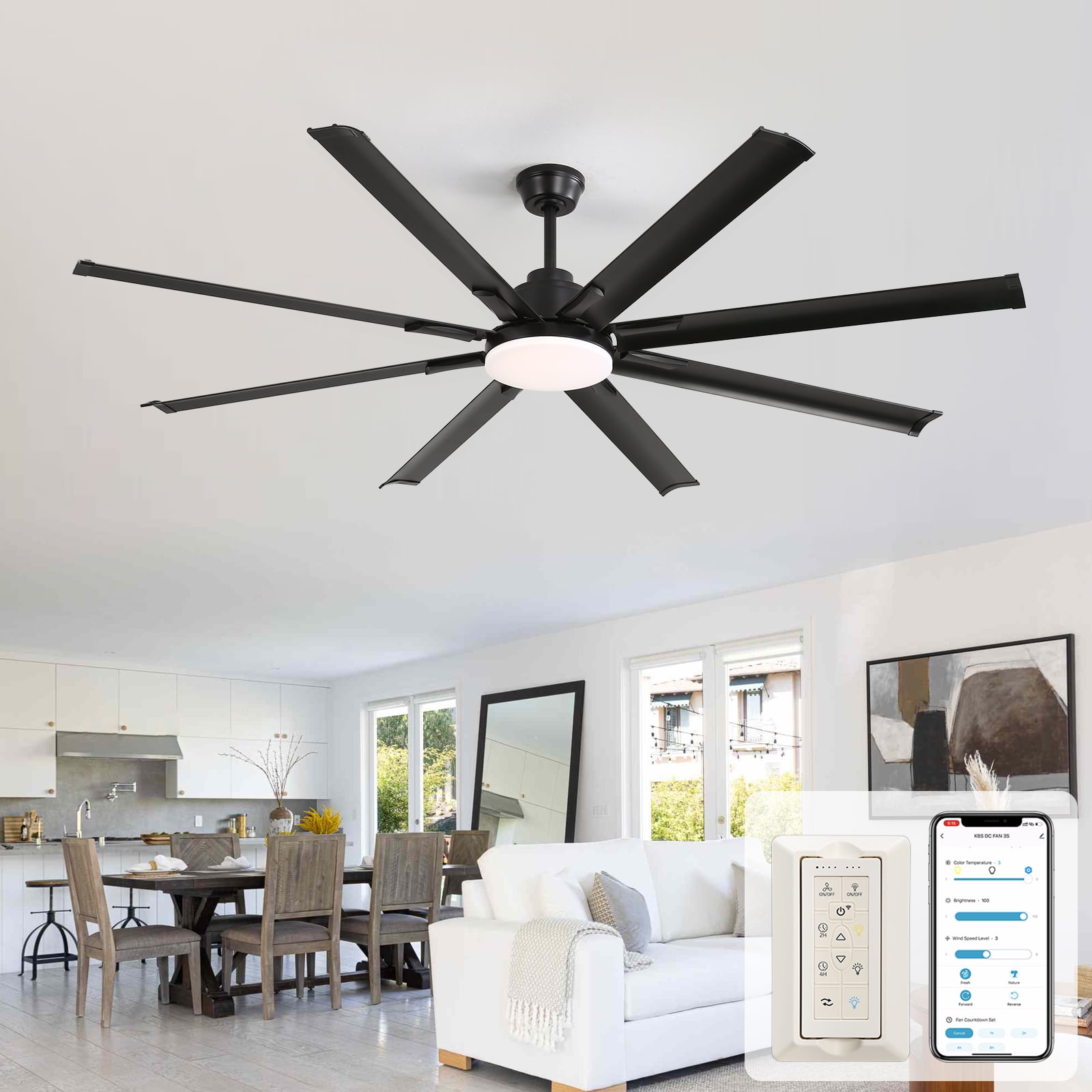 Sofucor Smart Large Fan 84-Inch Ceiling Fan with LED Light Kit and Remote Control, Contemporary, Indoor/Outdoor