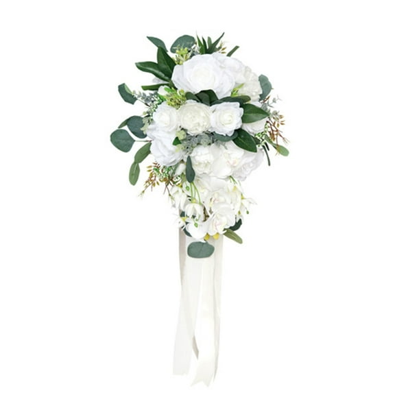 Sofullue 12 Cascade Wedding Bouquets for Bride Artificial White Rose Orchid Flowers
