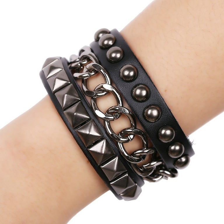 Sofullue Goth Punk Bracelet Leather Spike Stud Wristband Multilayer Chain Rivets Bracelet